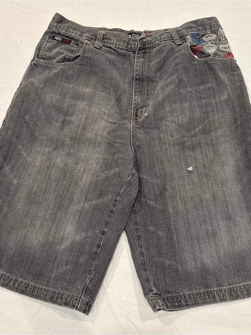 Vintage Y2k Focus 34 Rare Baggy Jean Denim Shorts Grey Stone Wash Flaw No Button